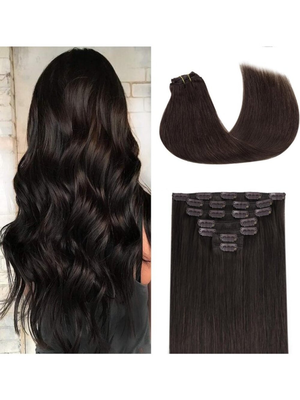 20" Clip-In Real Human Hair Extensions, 120g, 7 Pieces, Dark Brown, Natural Look